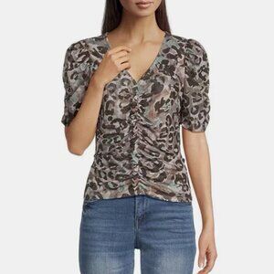 Democracy Ruched Mesh Knit Animal Print V-Neck Short Sleeve Top XL